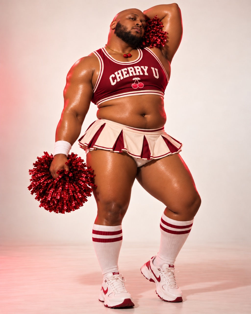 Carmine Davis modeling the Cherry U Cheerleader costume with maroon pom-poms