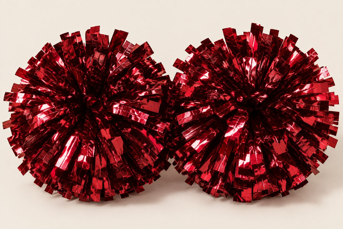 Pair of metallic cherry-red Cherry U cheerleading pom-poms