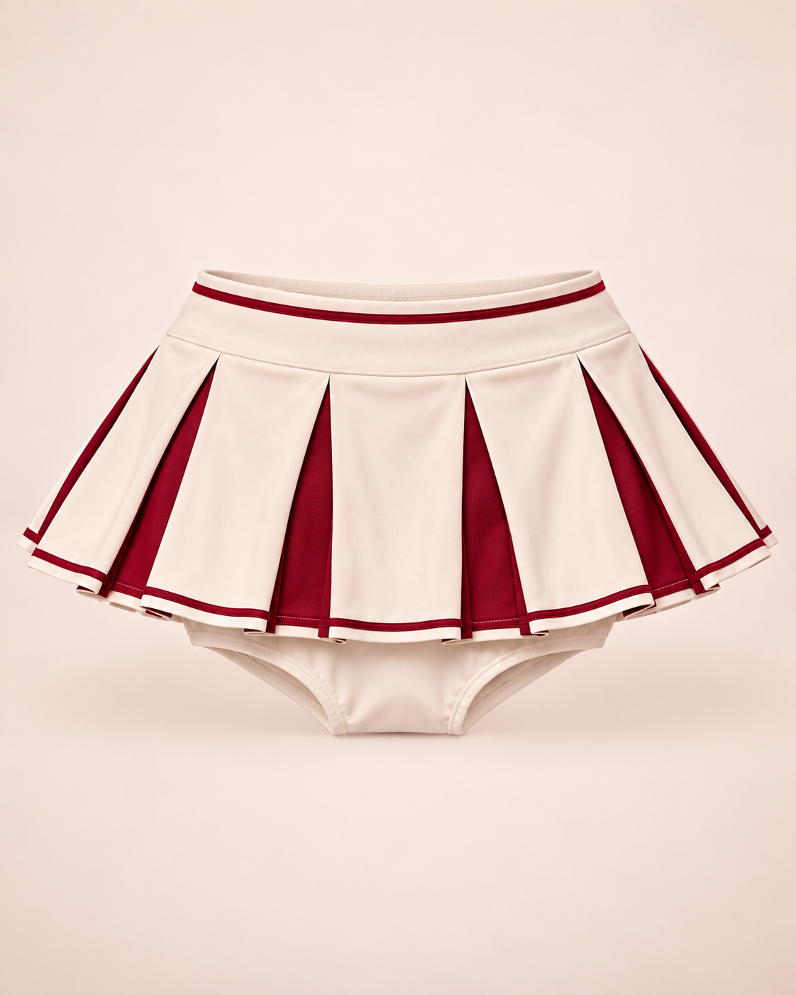 Ivory pleated Cherry U cheer skirt with burgundy inset panels and built-in shorts